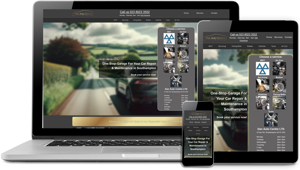 Screenshot Dan Auto Centre Southampton Car Repairs website on laptop mobile and tablet preview