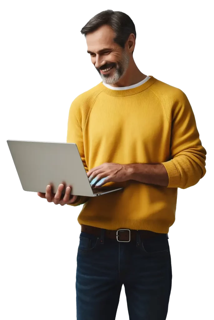 A full-body image of a 55-year-old British man with a working-class appearance, wearing a yellow jumper, looking happy as he views his ppc performance on his laptop