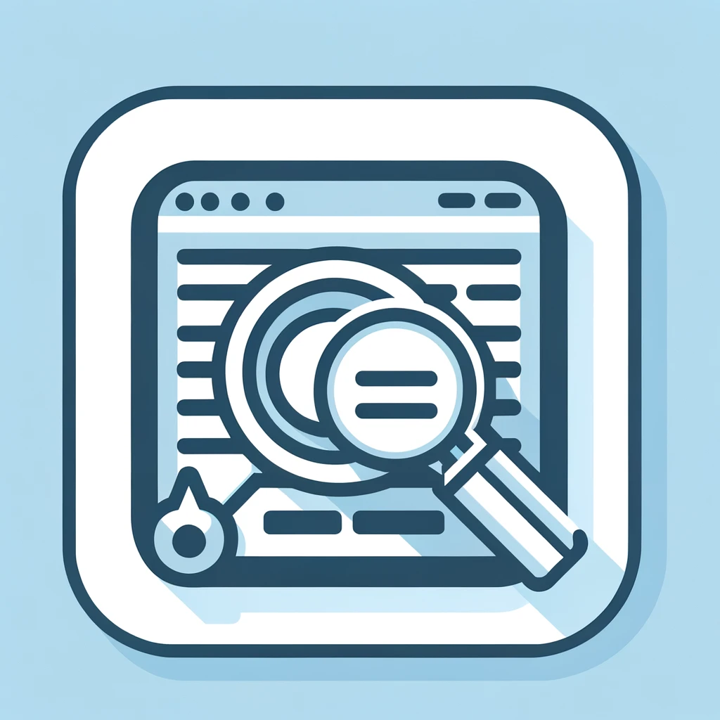 A minimalist and modern flat icon for an 'SEO Audit'. The icon features a magnifying glass over a stylized depiction of a webpage