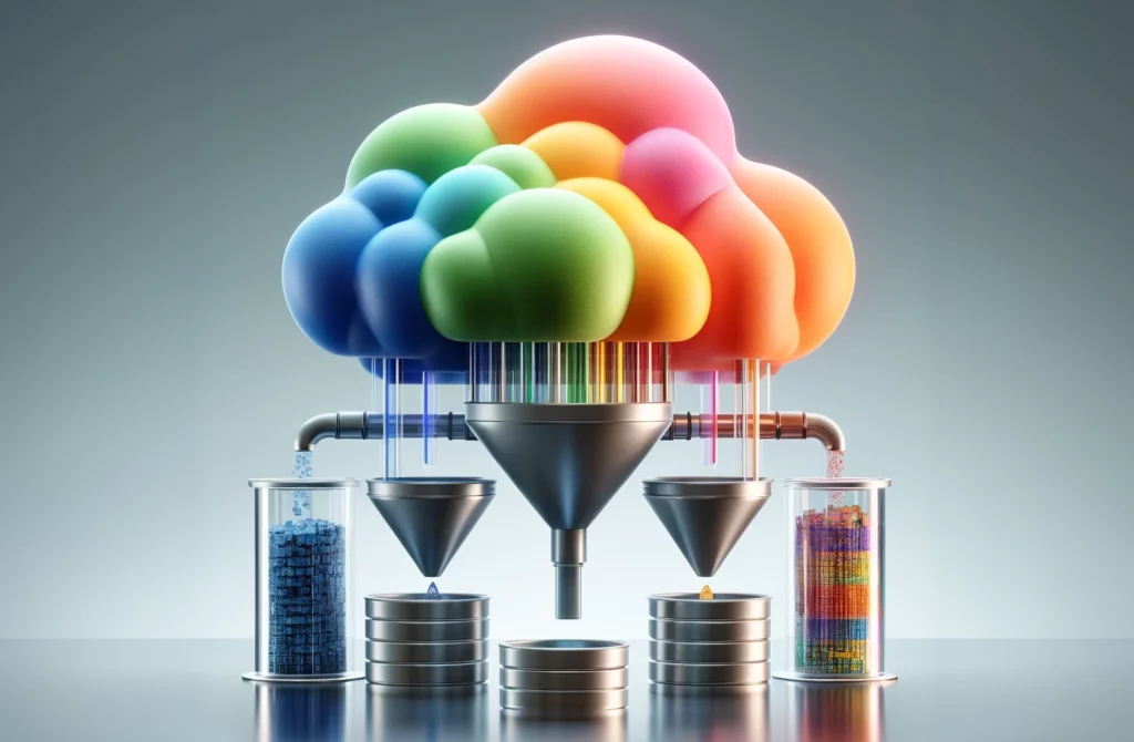 A refined digital artwork showing structured data as a neat, vivid blob-shaped cloud. Below the cloud, several streamlined funnels are neatly consuming the cloud and outputting the data into correct buckets, therefore structuring it.