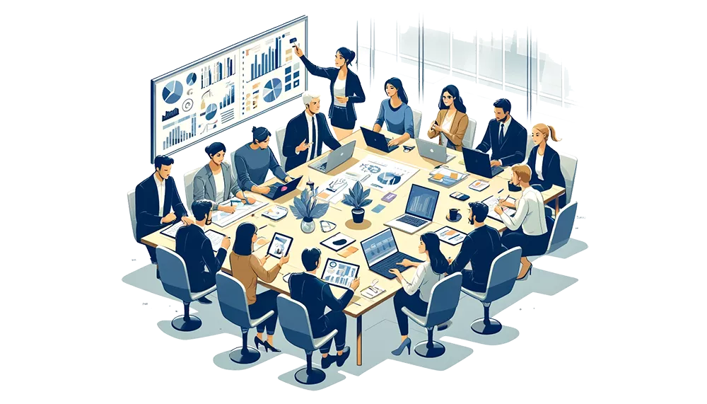 An illustration showing a PPC advertising team brainstorming around a table