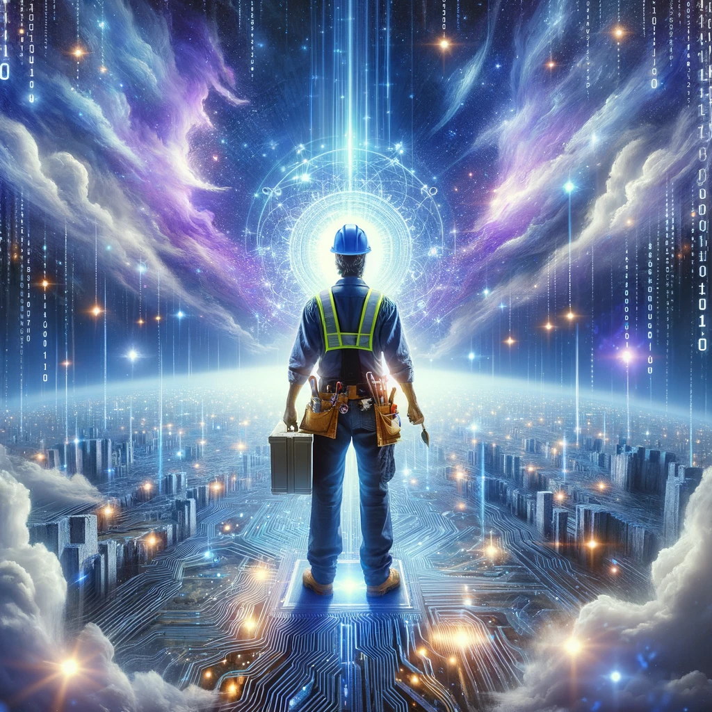Artwork of builder standing at the gate of the digital world