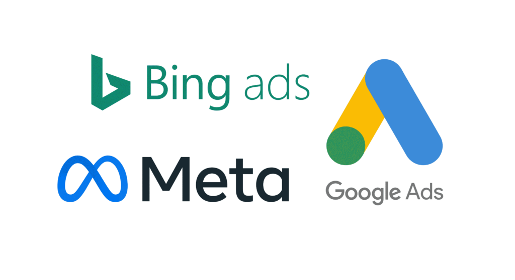 Logos of three major PPC adevertising providers: Bing ads, Google Ads and Meta