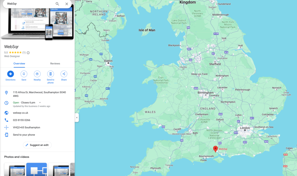 map showing position of websqr we designer and web developer in the UK