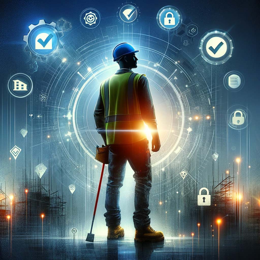 Artwork depicting a construction worker in a digital world
