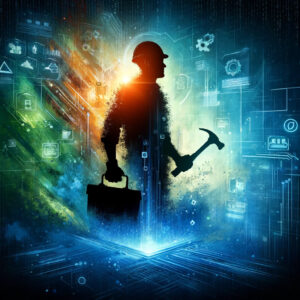 artwork showing a silhouette of a builder in a digital environment
