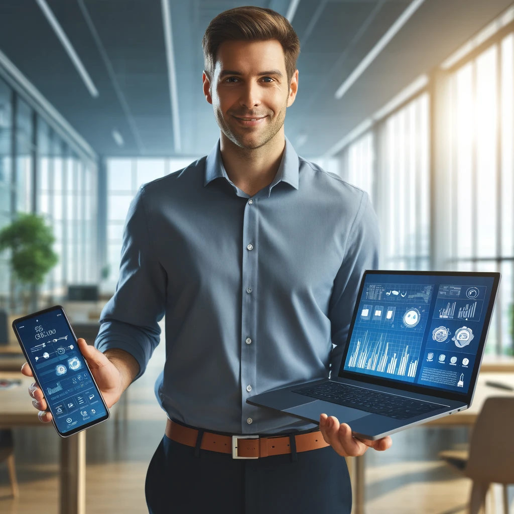 business man holding a laptop and a phone showing new design of his website on both screens
