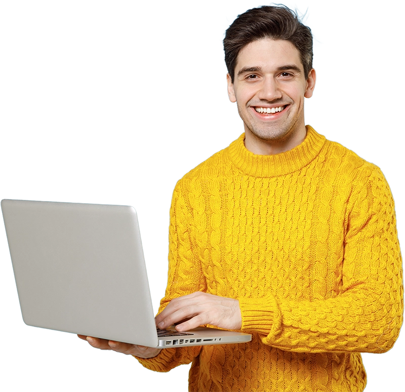 Man in yellow jumper holding a lapto with a newly designed website