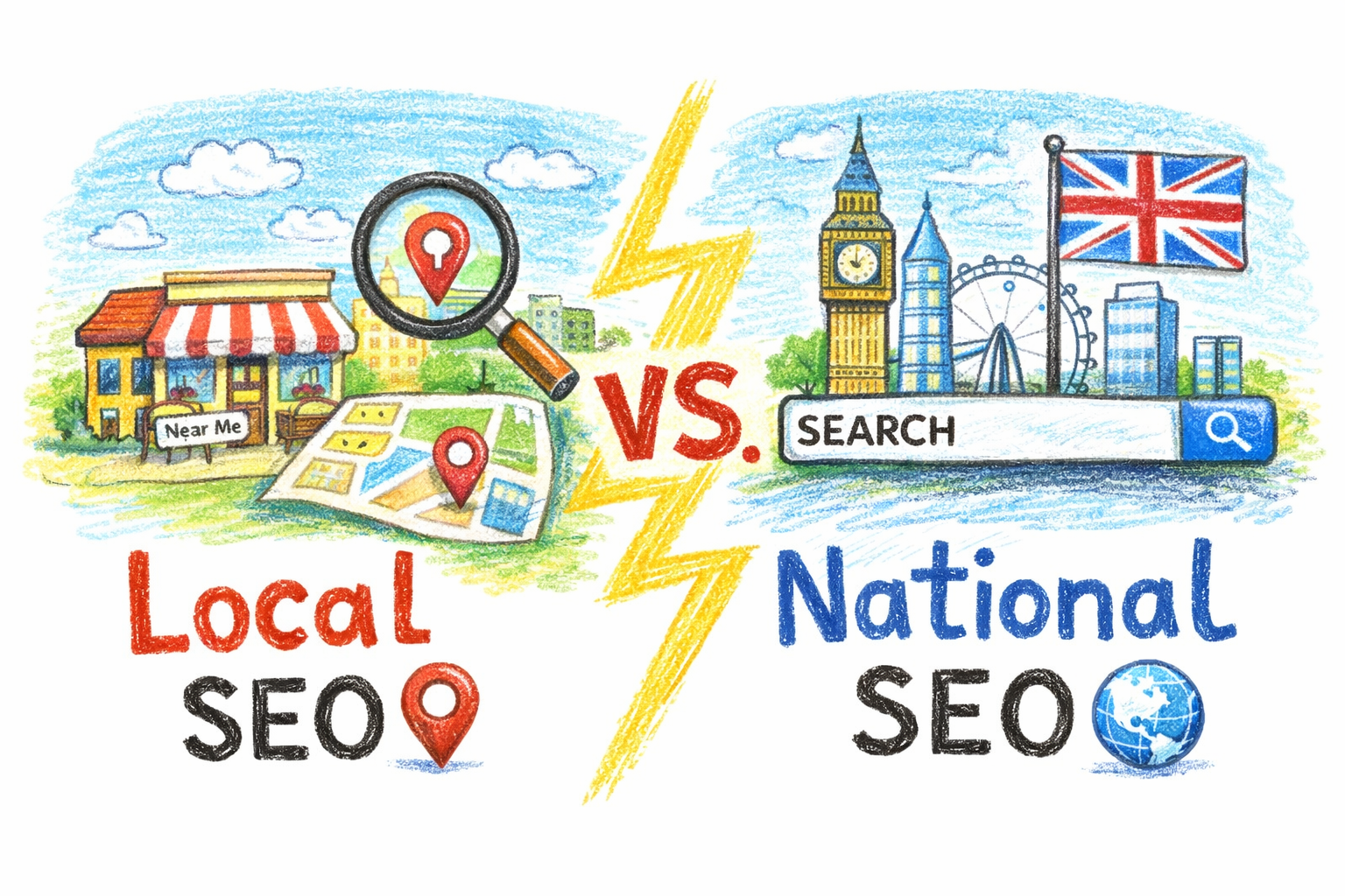 Crayon-style illustration comparing Local SEO and National SEO in a UK context. On the left, a small local shop, map and location pins represent “Local SEO”; on the right, UK landmarks like Big Ben, a Union Jack flag and a search bar represent “National SEO”, separated by a lightning-bolt “VS”.