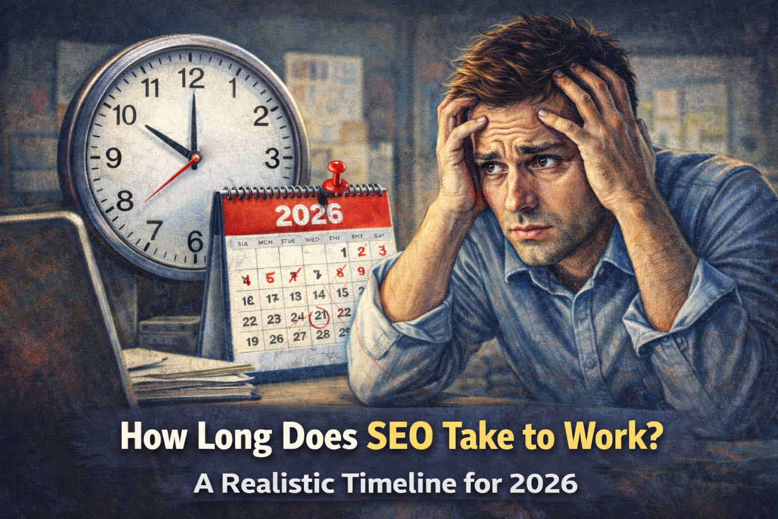Realistic illustration of a stressed man sitting at a desk with his hands on his head, looking worried while a wall clock and a 2026 desk calendar highlight the passing time. The scene represents the slow, uncertain timeline of SEO results and long-term waiting for progress.