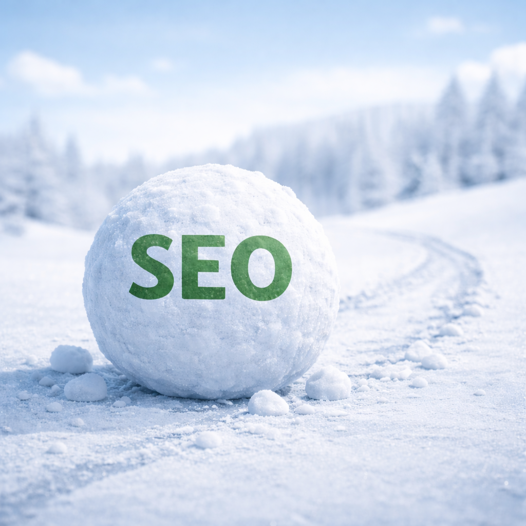 Large snowball labelled “SEO” resting on a snowy path, symbolising long-term compounding growth and return on investment.