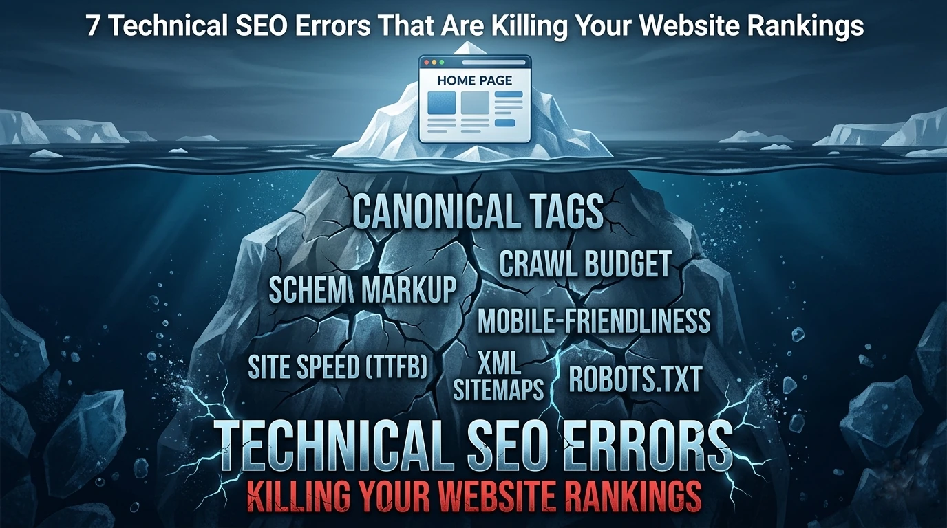A technical SEO illustration showing an iceberg where only the clean "Home Page" is visible above the water, while the large base below is labeled with technical terms like "Crawl Errors," "Schema Markup," and "Canonical Tags," indicating problems with "Website Rankings