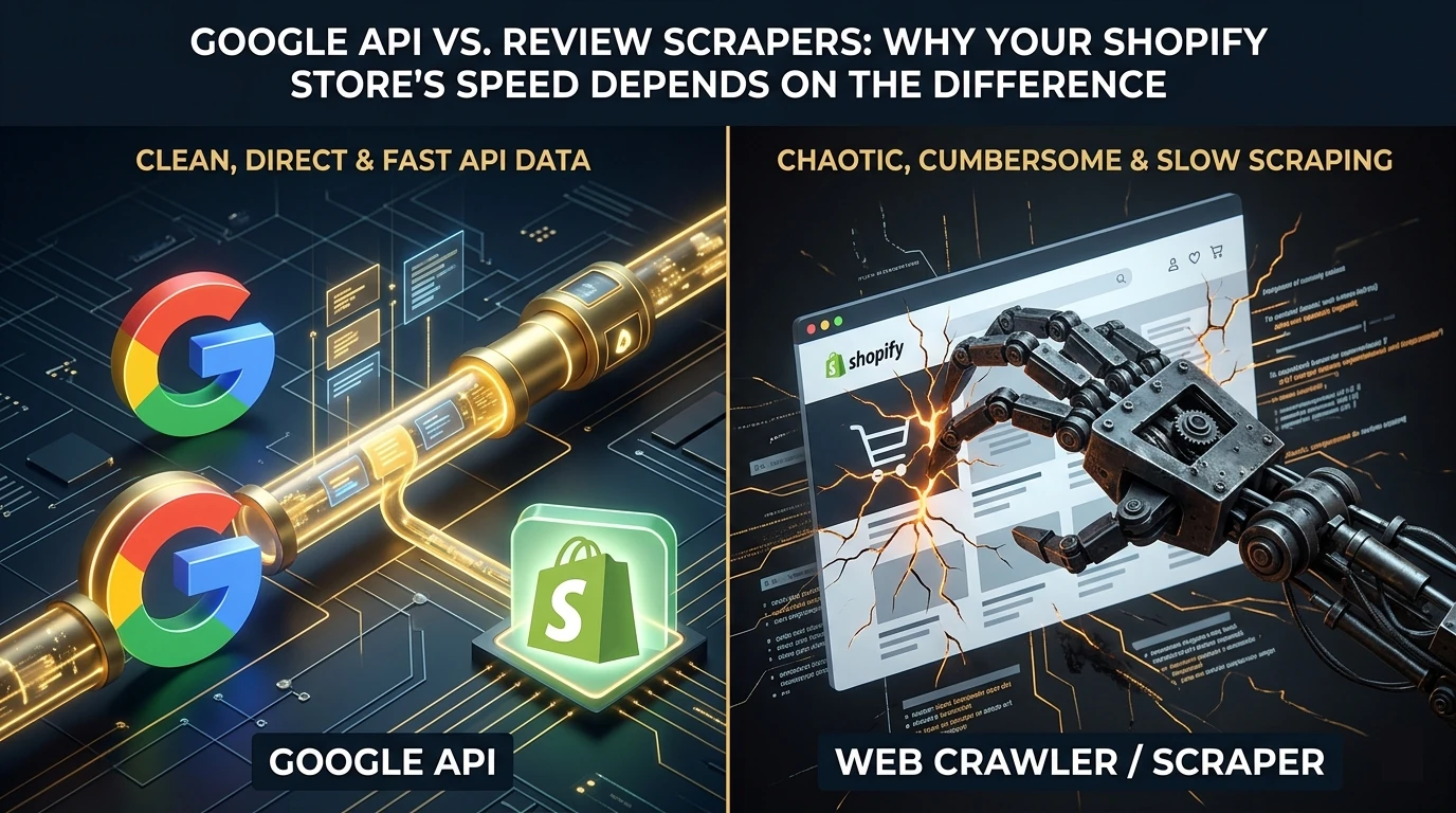 A split-screen 3D render comparing a fast, direct Google API golden pipeline to a heavy mechanical scraper hand damaging a Shopify store interface, illustrating website speed differences.