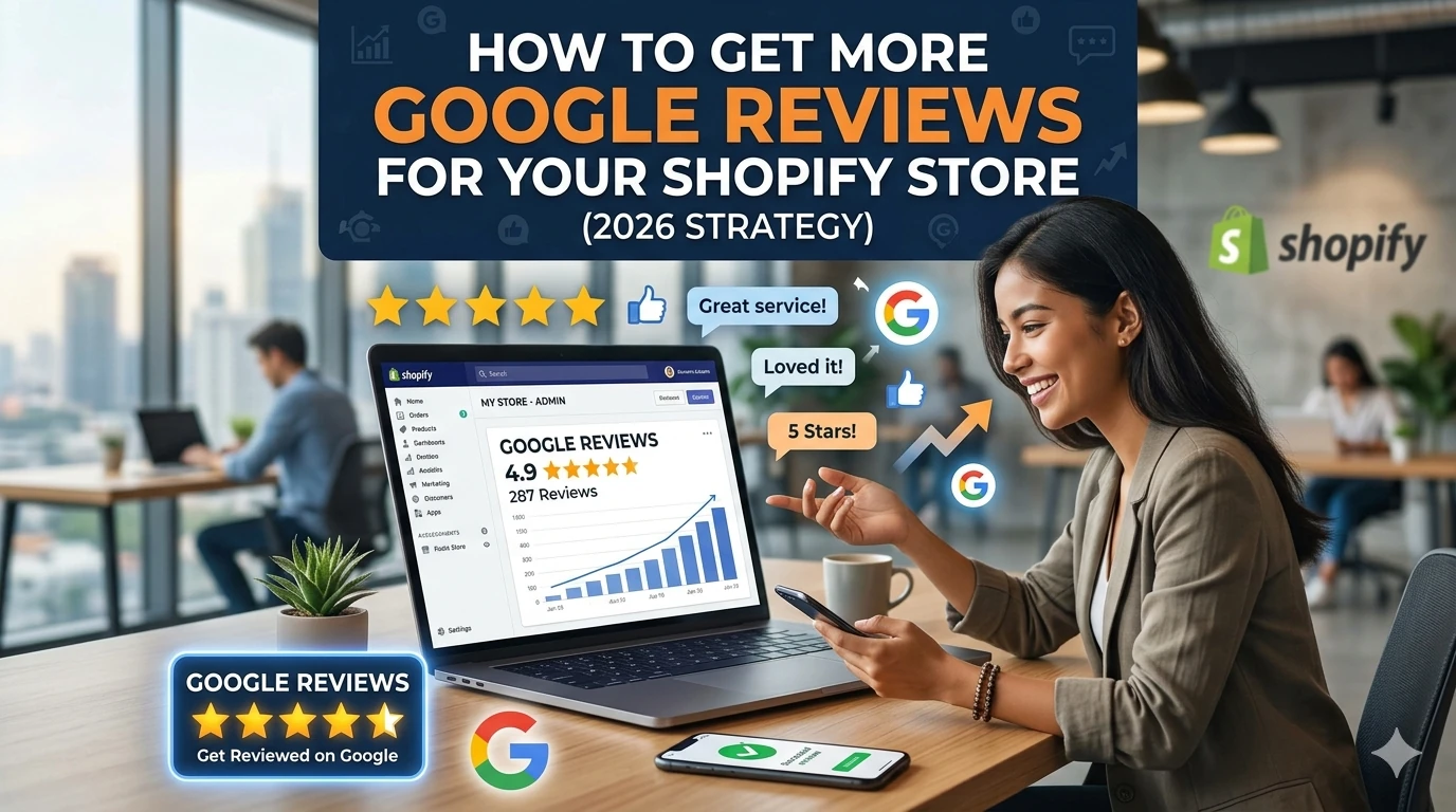 A modern office setting showing a Shopify store owner smiling at a laptop displaying a rising Google Reviews growth chart, featuring 5-star icons and Google branding.