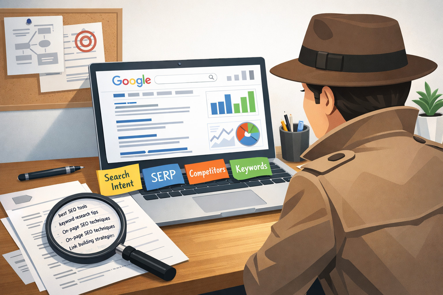 Illustration of an SEO keyword research audit showing a detective analysing Google search results, SERP data, keywords, competitors, and search intent on a laptop with analytics charts.